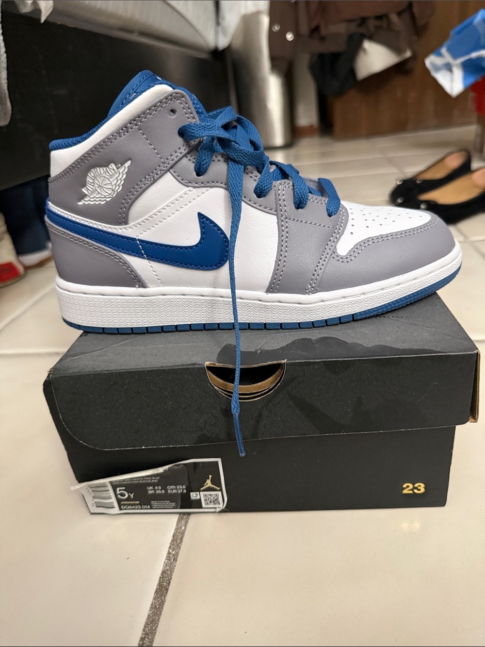 Nike Air Jordan 1 Mid White, Gray & Royal Blue 6Y kids/7 women